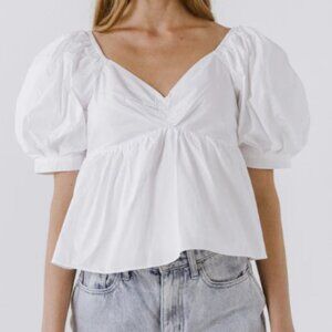 English Factory Women Woven Blouse - Short Puff Sleeve Top in White